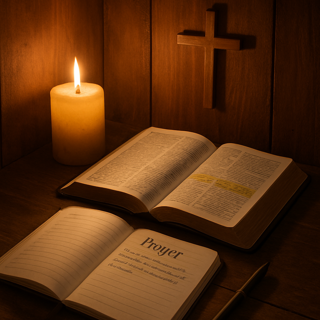 A warm, candle‑lit prayer corner with an open Bible, a notebook, and a highlighted verse written in a pen. Alt: Prayer space with scripture and reflection tools.