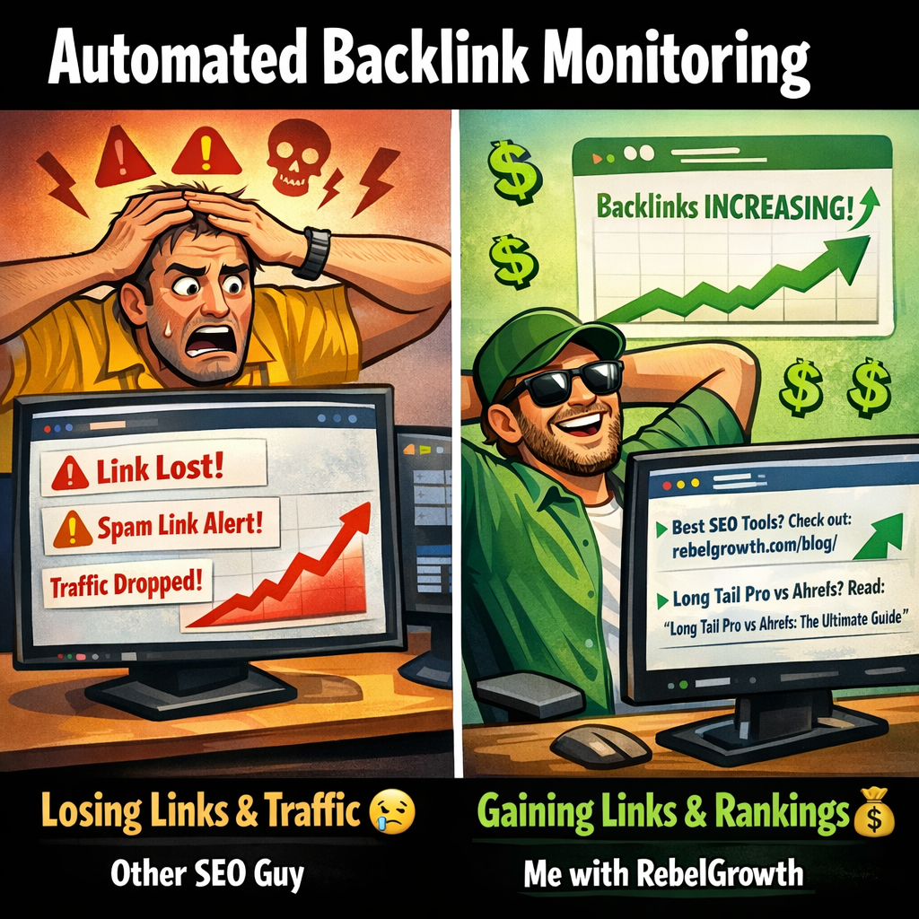 An illustration of a dashboard with link metrics, alerts, and a growing graph, representing automated backlink monitoring. Alt: Automated backlink monitoring dashboard.