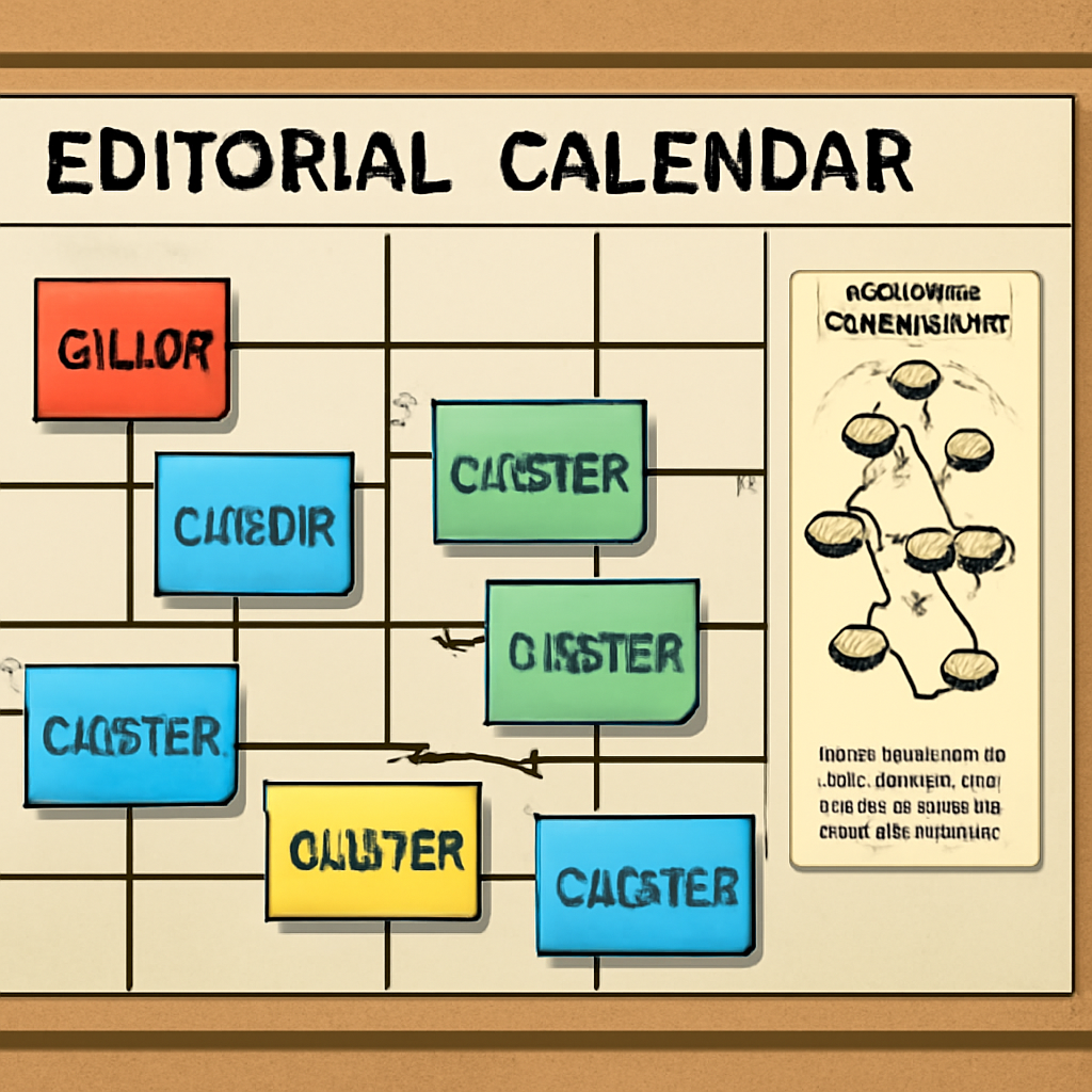 A clean digital dashboard showing a calendar with pillar titles, sub‑topic rows, and internal‑link checkboxes. Alt: Topical authority map integrated into a content planning calendar.