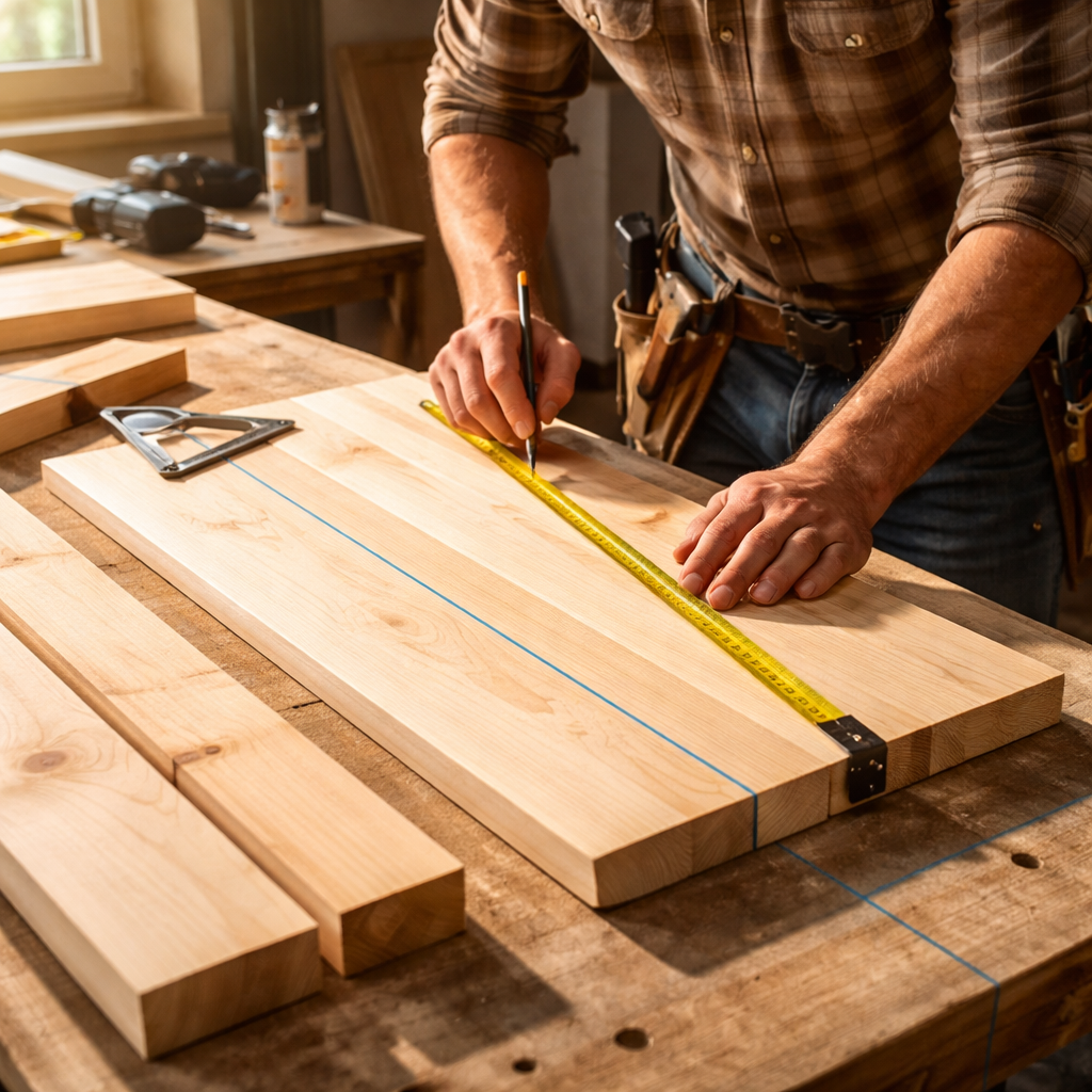 A photorealistic scene of a bright workshop in Dartmouth, Nova Scotia, showing a hand holding a pencil and marking a pine board with a carpenter's square, sunlight filtering through a window, highlighting the cut line. Alt: Cutting and preparing boards for a wooden shoe rack