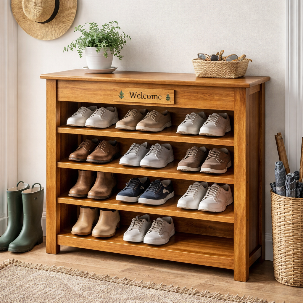 A photorealistic scene of a cozy Dartmouth hallway, sunlight streaming through a window, a hand holding a foam brush applying matte chalk paint to a wooden shoe rack frame on a workbench. Alt: Applying paint to a wooden shoe rack frame for a home DIY project.