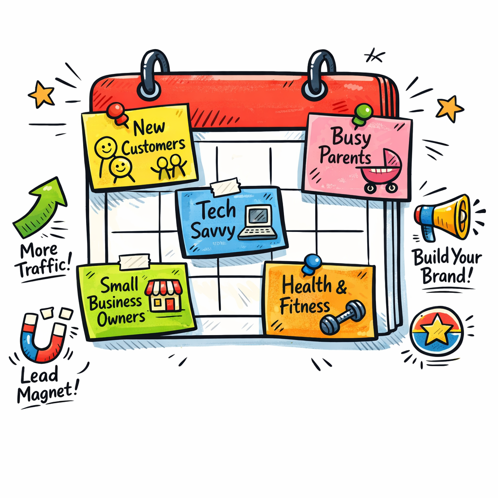 A doodle illustration of a calendar with sticky notes labeled with different audience personas and goal icons (traffic arrow, lead magnet, brand logo), bright colours, hand‑drawn style, appealing to digital marketers and content creators.