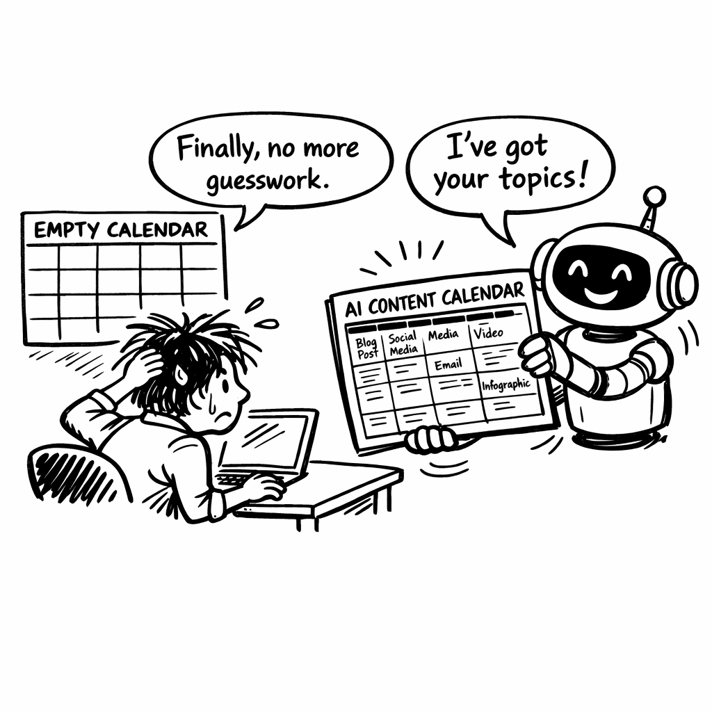 A doodle meme showing a frazzled marketer looking at a blank calendar while a friendly AI robot hands over a neatly filled AI content calendar, with speech bubbles saying “I’ve got your topics!” and “Finally, no more guesswork.” Alt: AI content calendar simplifies planning for marketers.