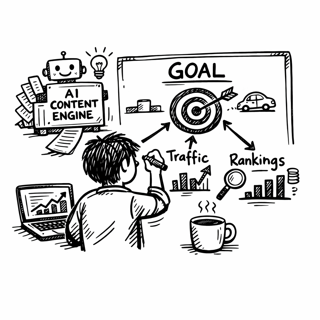 A doodle illustration of a marketer sketching a goal chart with arrows pointing to traffic, rankings, and conversions, surrounded by icons of an AI content engine, a laptop, and coffee mug. Alt: ai content engine goal setting and KPI tracking diagram