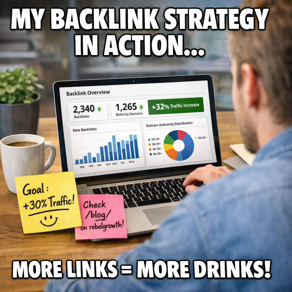A photorealistic office scene showing a digital marketer reviewing a dashboard of backlink metrics on a laptop, with a coffee mug and sticky notes that read “Goal: +30% traffic”, realistic lighting, modern Australian workspace. Alt: Automated backlink generator goal‑setting dashboard visual.