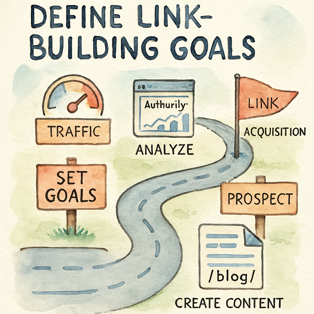 A hand‑drawn roadmap showing steps from goal‑setting to link acquisition, with icons for traffic, authority, and content. Alt: Define link‑building goals roadmap for automated backlink network for small businesses.