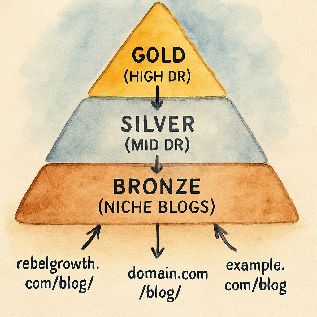 A pyramid diagram showing three layers of backlinks – gold (high DR), silver (mid DR), bronze (niche blogs). Alt: tiered backlink structure for automated backlink network for small businesses