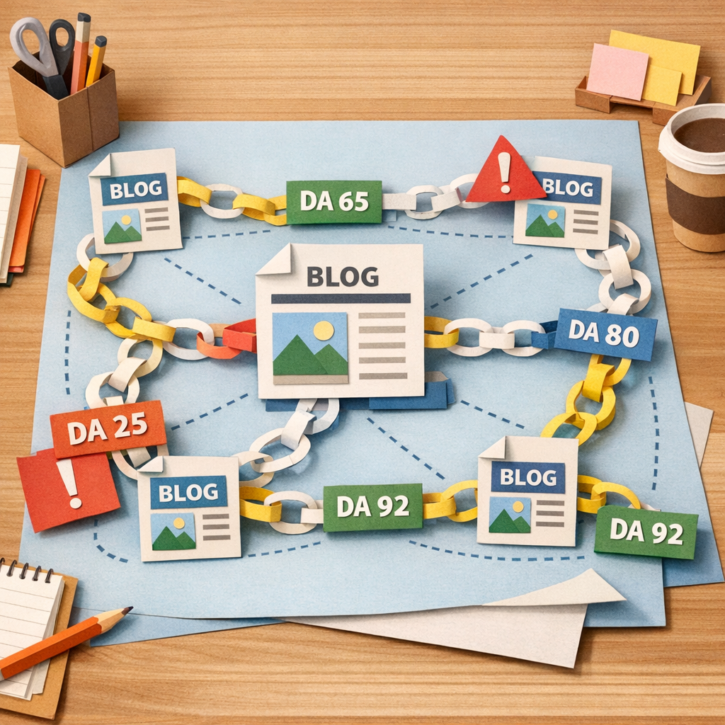 A Papercraft illustration of a backlink network on a tidy desk, with paper chains linking blog icons, DA score tags, and alert notes. Alt: Papercraft backlink network visualization for monitoring and auditing.