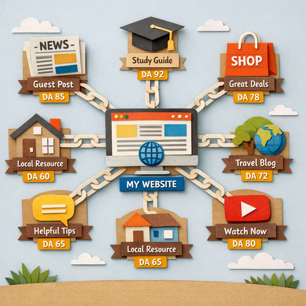 A Papercraft illustration of a growing backlink network, showing paper links branching from a central website icon to diverse domain icons with DA tags, each link labeled with varying anchor text, symbolising safe, steady scaling. Alt: Papercraft backlink network scaling diagram.