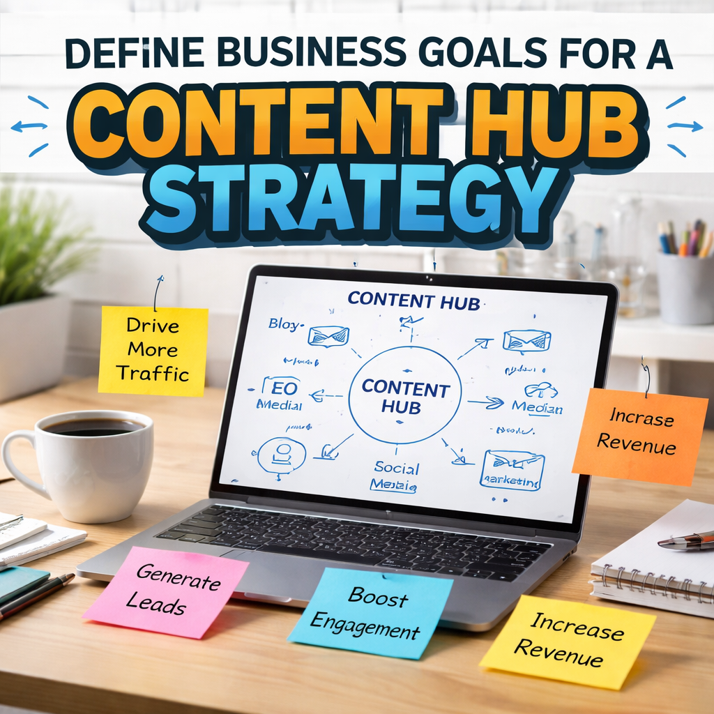A clean, modern workspace with a laptop open to a content hub diagram, sticky notes with business goals written on them, and a coffee mug beside it. Alt: Define business goals for a content hub strategy illustration.