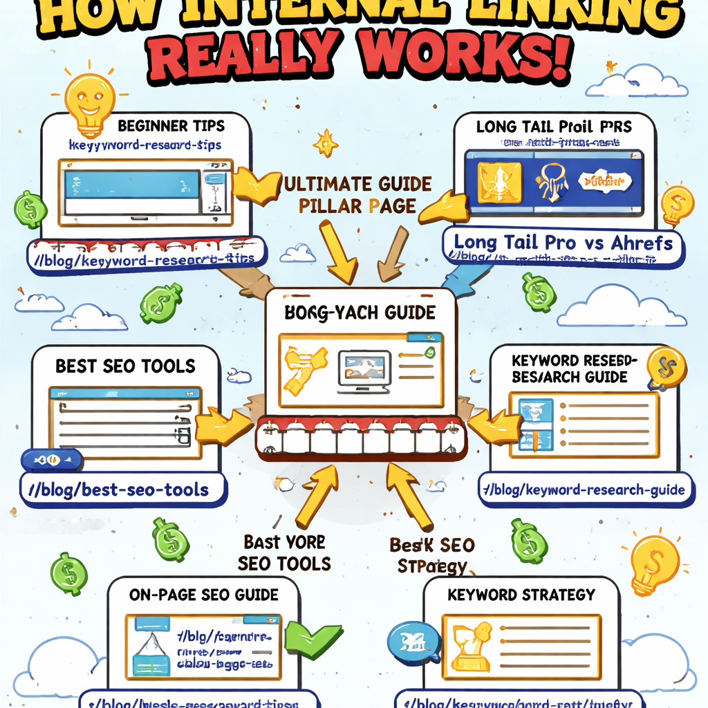 An illustrated flowchart showing a pillar page at the centre with arrows pointing to several cluster pages, each arrow labeled with descriptive anchor text. Alt: Visual guide to internal linking for a content hub strategy.