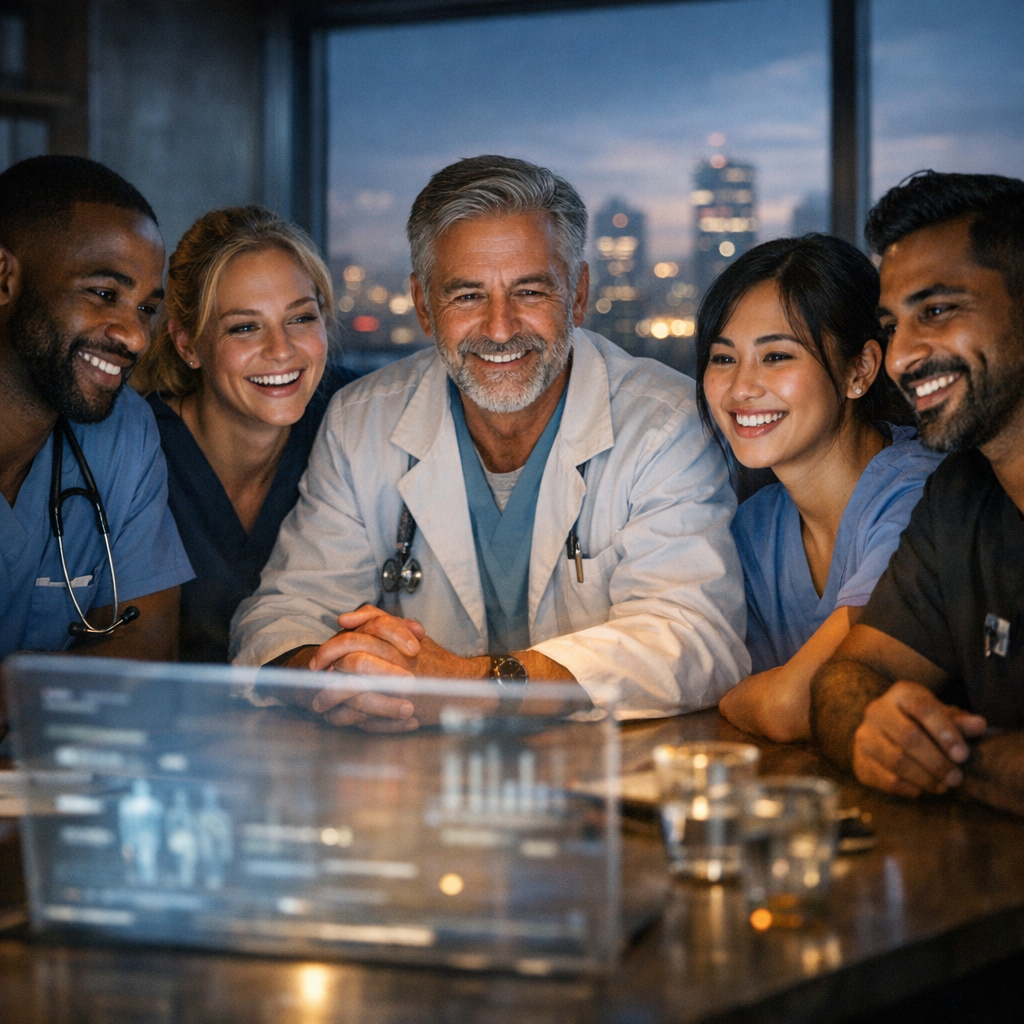 A cinematic, high‑contrast scene of a diverse group of healthcare professionals gathered around a virtual screen, each with a warm smile, sharing a brief peer support meeting after a night shift. Soft lighting, shallow depth of field, and a subtle city skyline visible through a window in the background. Alt: Peer support program for clinicians in a cinematic style.