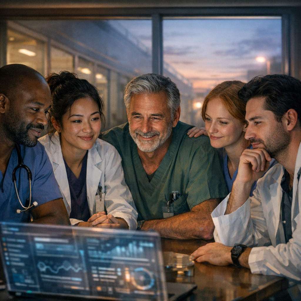 A cinematic scene of a diverse group of healthcare professionals gathered around a virtual screen after a night shift, soft ambient lighting highlighting their faces, a subtle hospital corridor visible through a window at dawn. Alt: Peer support program in action, clinicians connecting after a shift.