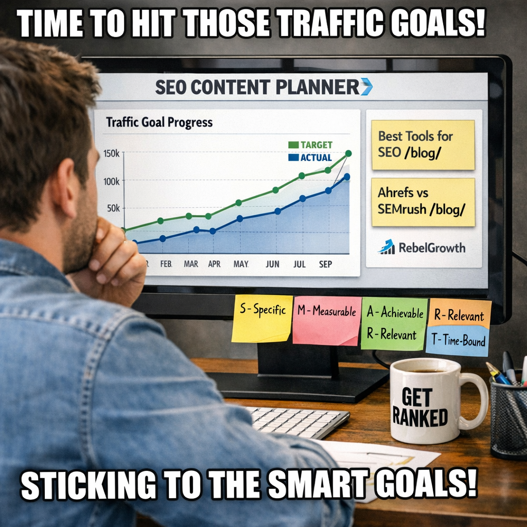 A photorealistic office scene showing a digital marketer reviewing a dashboard of an SEO content planner with graphs of traffic goals, a coffee mug, and sticky notes outlining SMART objectives. Alt: seo content planner goal setting dashboard realistic image