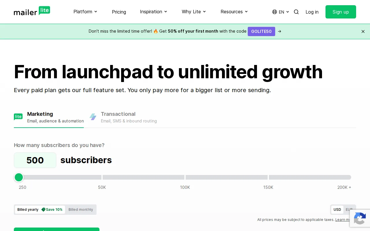Screenshot of the MailerLite website