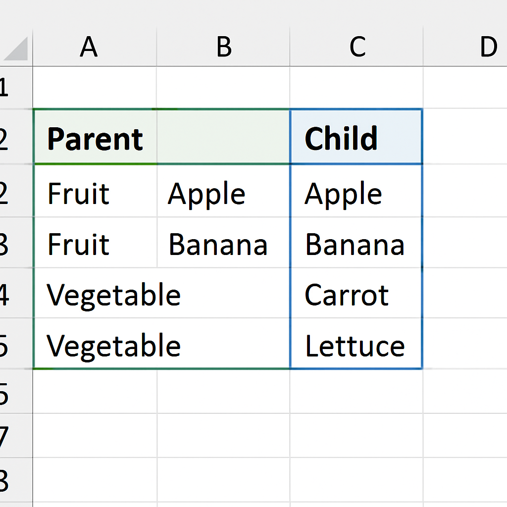 An Excel worksheet showing a clean table of parent and child categories, with named ranges highlighted. Alt: Excel dependent drop down list source data table with named ranges
