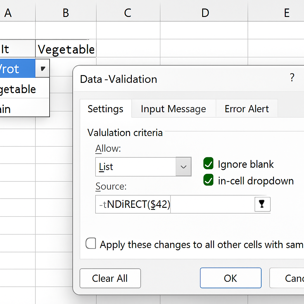 An Excel screenshot showing a cell with Data Validation dialog open, Source set to =INDIRECT($A2), and a dependent drop‑down populated after selecting a primary option. Alt: excel dependent drop down list data validation setup