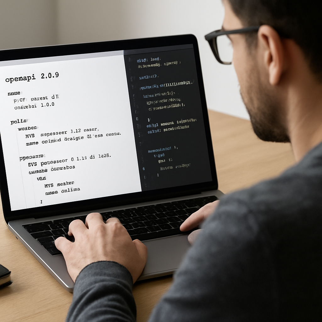 A developer reviewing an OpenAPI spec on a laptop, with code snippets and API documentation visible. Alt: openapi spec preparation for axios typescript generator.
