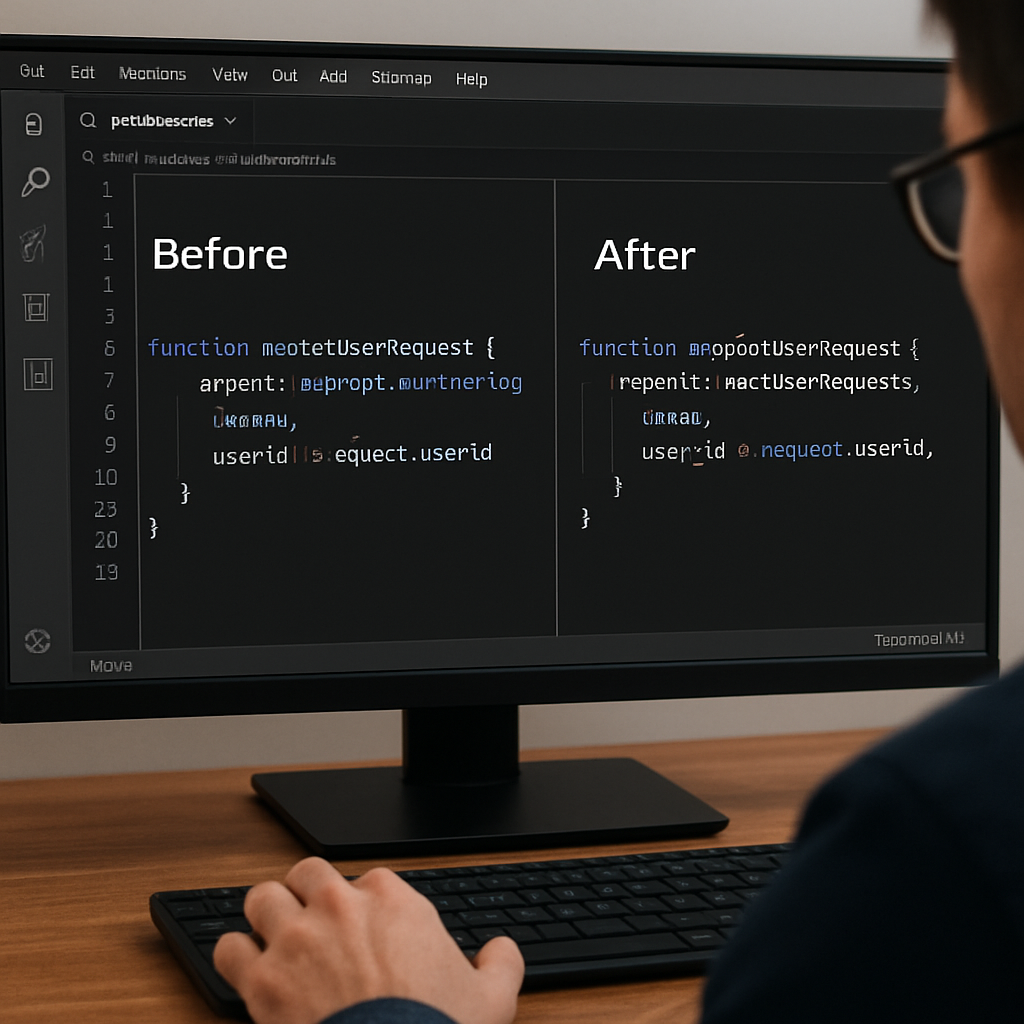 A developer reviewing TypeScript mapper functions in VS Code, showing before‑and‑after code snippets of an API request transformation. Alt: openapi to axios typescript client generator custom types mapping.
