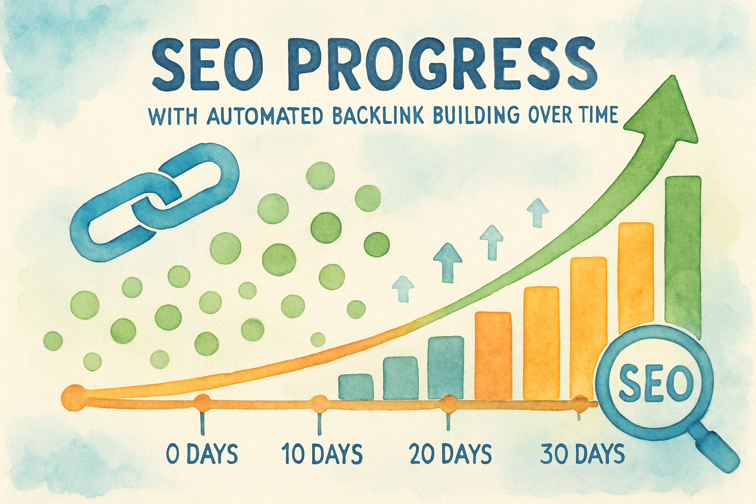 A timeline infographic showing the gradual build-up of automated backlinks over 30 days and resulting SEO improvements. Alt: SEO progress with automated backlink building over time.