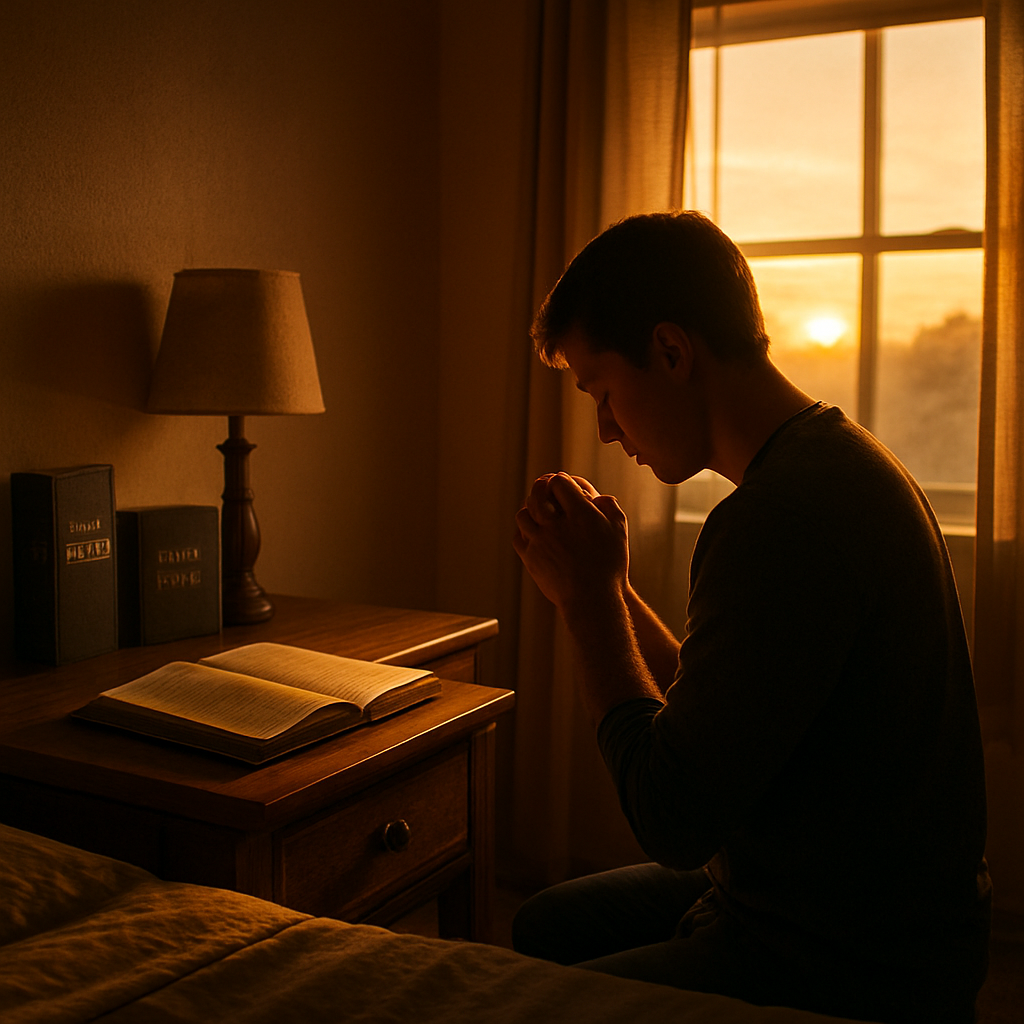 A cinematic, photorealistic scene of a sunrise spilling golden light into a quiet bedroom where a person kneels in prayer, soft morning rays highlighting an open journal on the nightstand. Alt: Consistent prayer habit sunrise meditation.