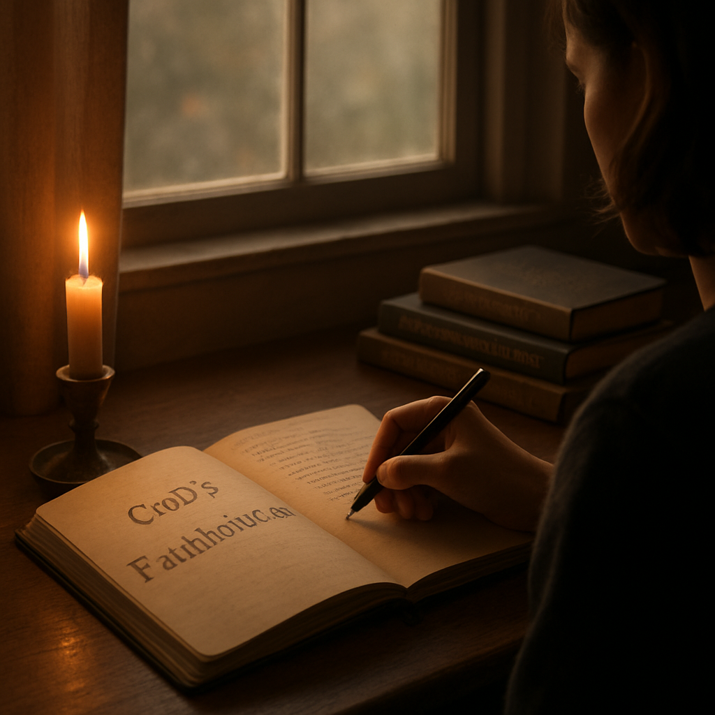A cinematic, photorealistic scene of a person sitting at a wooden desk near a window, writing in a journal by candlelight, soft morning light streaming in, showing a notebook open to a page titled “God’s Faithfulness”. Alt: Reflective journaling to build faith and trust in God.