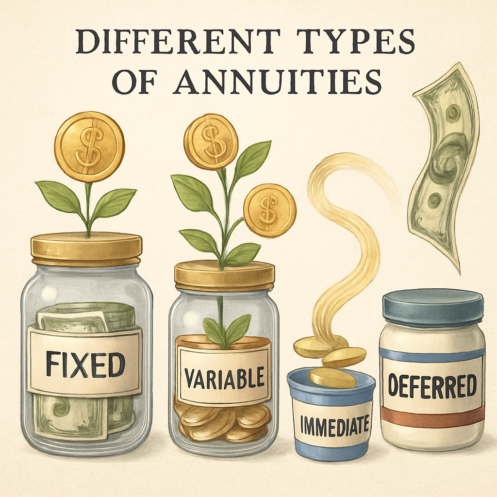 An illustrated guide showing different annuity types as jars and tubs labeled 'Fixed', 'Variable', 'Immediate', 'Deferred', with money growing or flowing from them. Alt: Different types of annuities for retirement income strategies explained visually.