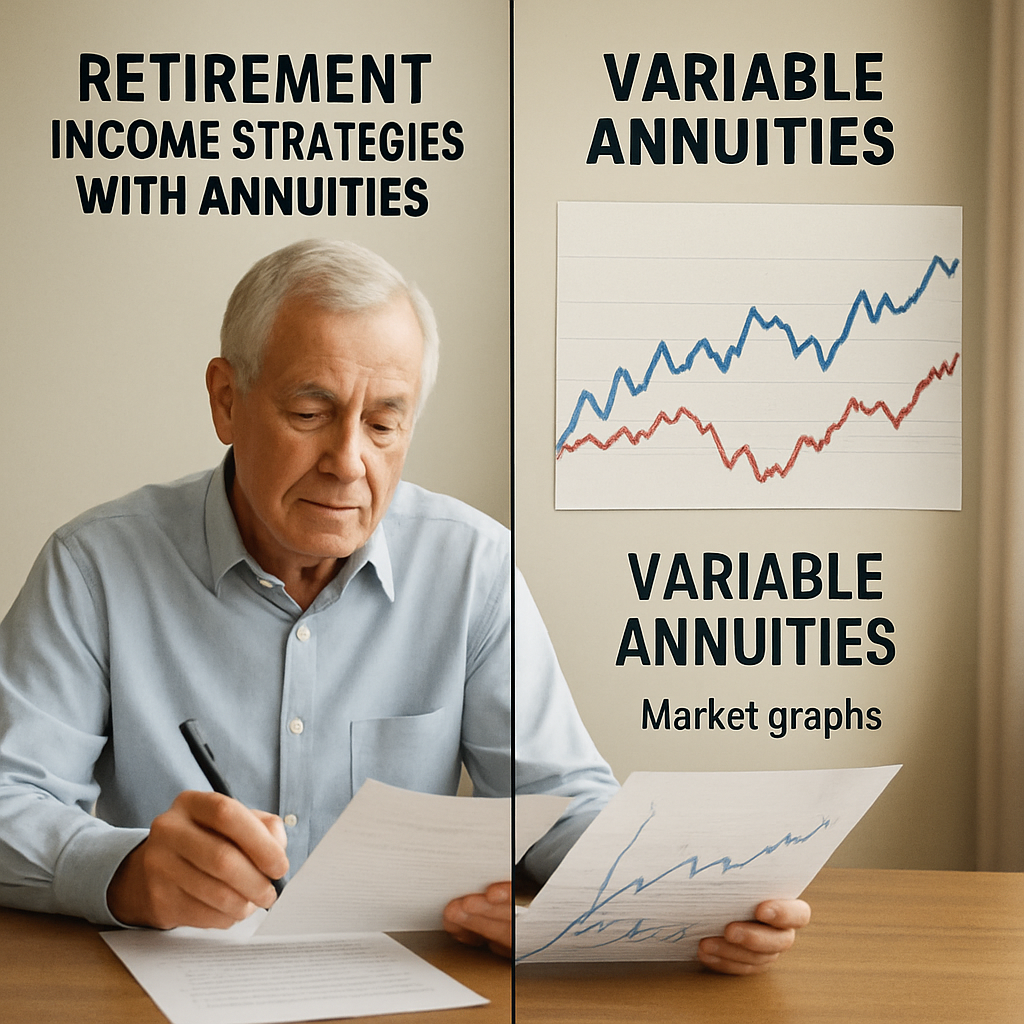 A split-screen showing a calm retiree reviewing financial options with documents; one side highlighting fixed annuities as a safe haven, the other side showing market graphs for variable annuities. Alt: 