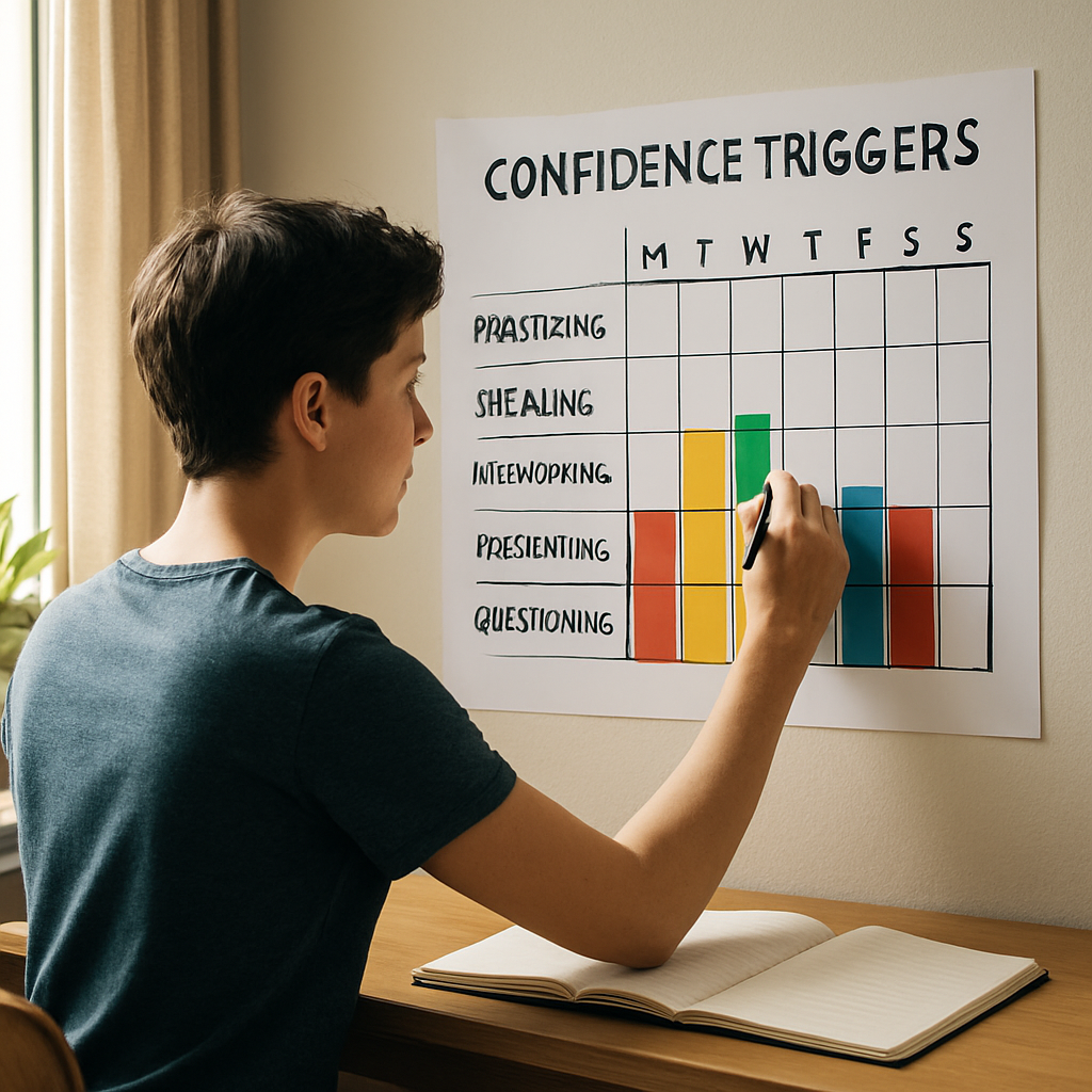 A photorealistic scene of a young adult sitting at a desk, notebook open, marking a colorful visual progress chart on a wall, natural daylight streaming in, showing confidence triggers being logged. Alt: Young adult tracking confidence triggers with a visual progress chart.