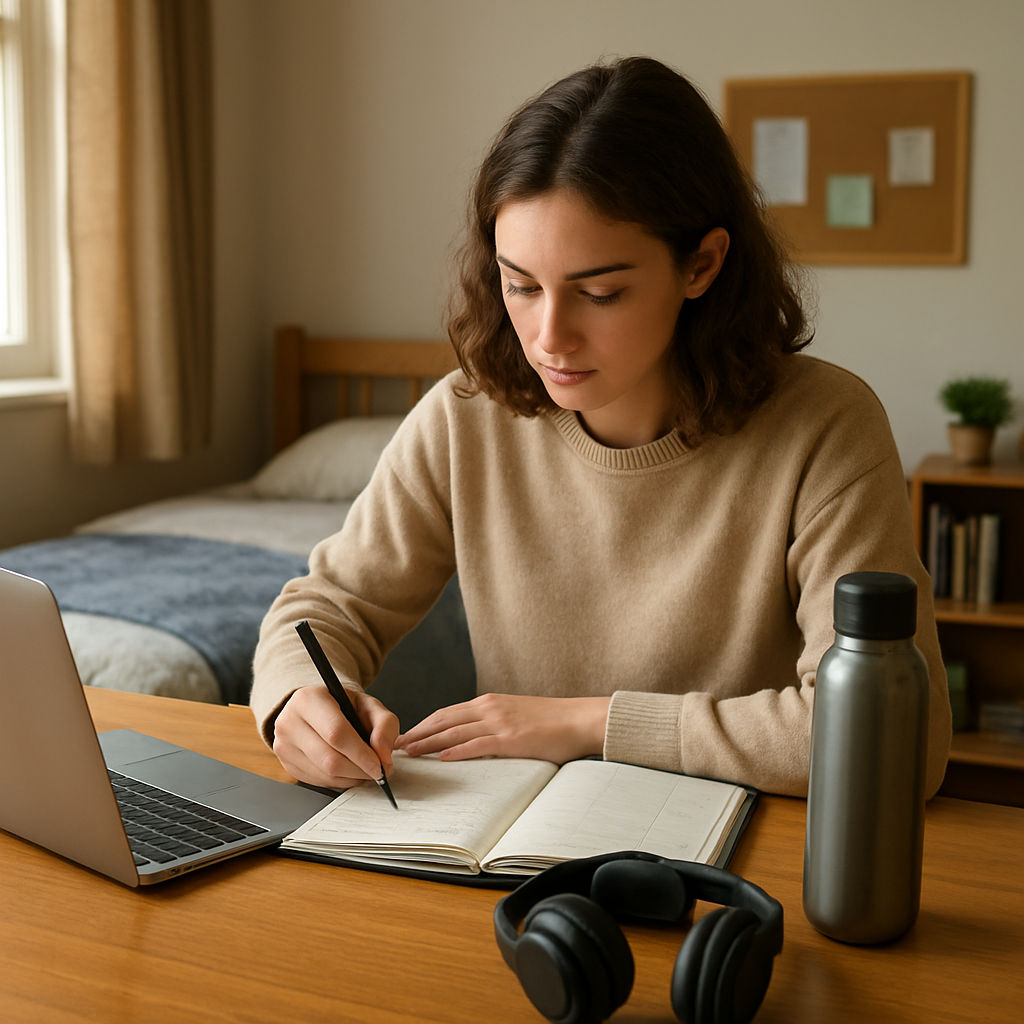 A photorealistic scene of a young adult in a cozy dorm room, checking a planner on a desk, with a water bottle, headphones, and a laptop open, natural morning light streaming in. Alt: Student building a confidence‑supporting daily routine.