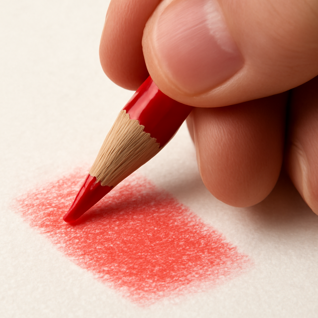 A close‑up of a hand holding a soft‑grade colored pencil pressing onto a textured 300‑gsm Bristol paper, showing the gradual glossy sheen forming as the pigment is burnished. Alt: How to burnish colored pencils on proper paper and pencil grades.