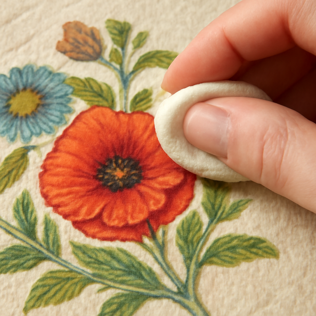 A close‑up of a hand gently polishing a burnished colored‑pencil illustration on textured Indian paper. Alt: Finish and protect burnished colored pencil artwork.
