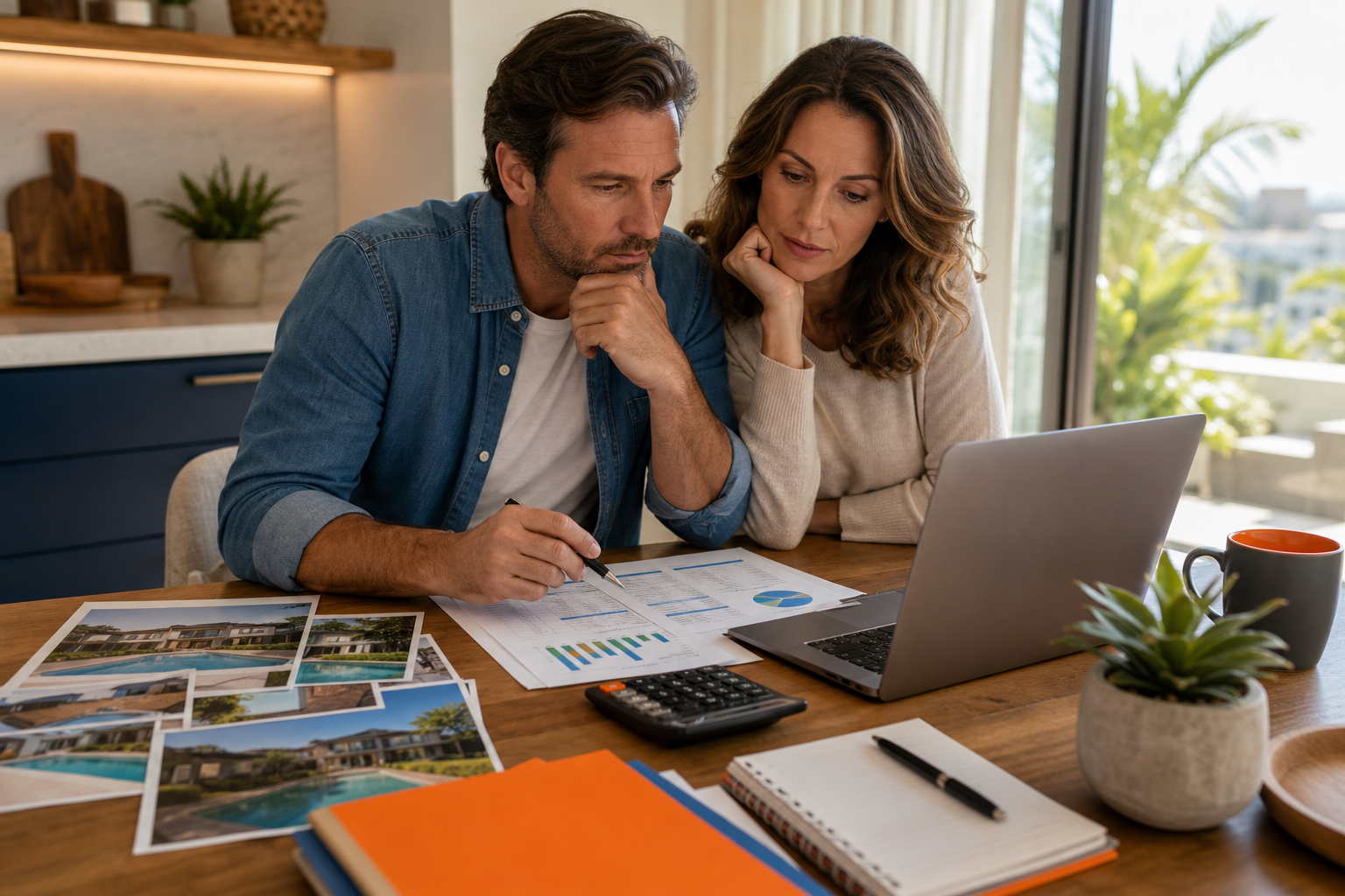 Buyers reviewing a second home budget and mortgage costs.