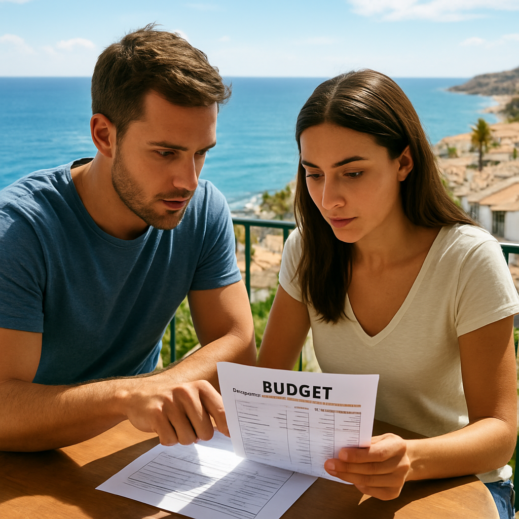 A realistic illustration of a couple reviewing a budget spreadsheet on a balcony overlooking the Mediterranean sea. Alt: