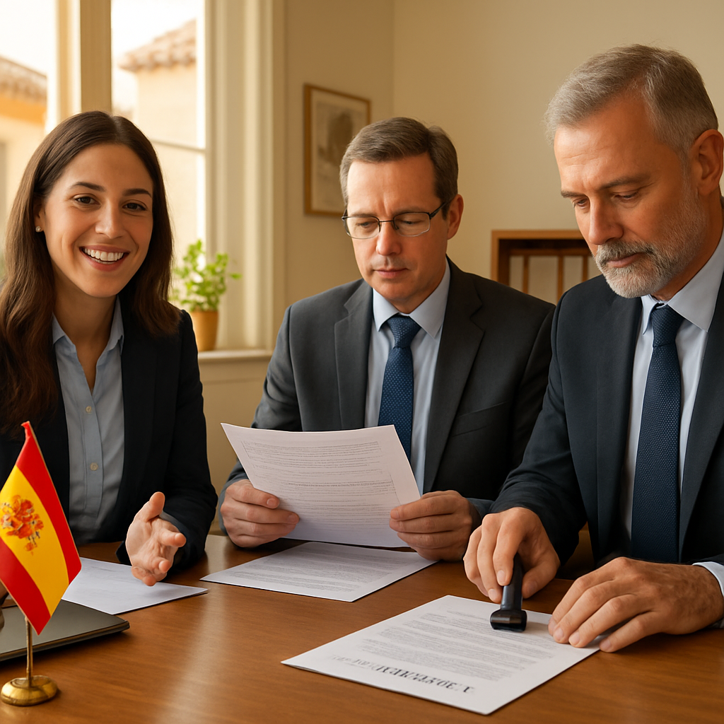 A sunny Spanish office with a friendly bilingual real‑estate agent, a lawyer reviewing documents, and a notary stamping a deed. Alt: Working with agents, lawyers, and notaries when buying property in Spain as an American