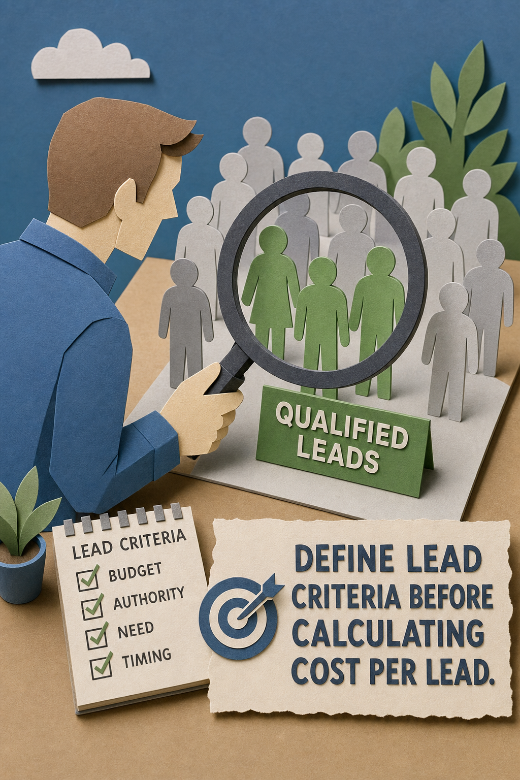 A papercraft scene of a person holding a magnifying glass over a group of silhouettes, with some highlighted and labeled "qualified leads". Alt: Define lead criteria before calculating cost per lead.