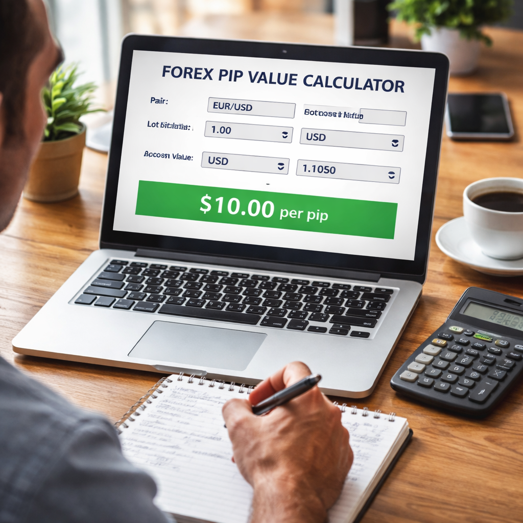 A photorealistic scene of a trader looking at a laptop screen showing a forex pip value calculator, with a notepad and calculator beside it, realistic lighting, clear focus on numbers. Alt: How to calculate forex pip value illustration.
