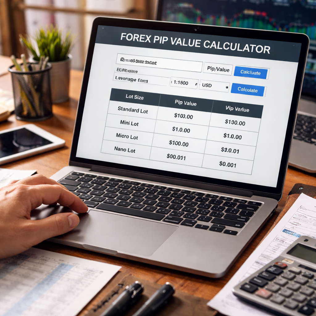 A photorealistic scene of a trader’s desk with a laptop displaying a forex calculator showing pip value results for standard, mini, micro, and nano lots. Alt: How to calculate forex pip value for different lot sizes.