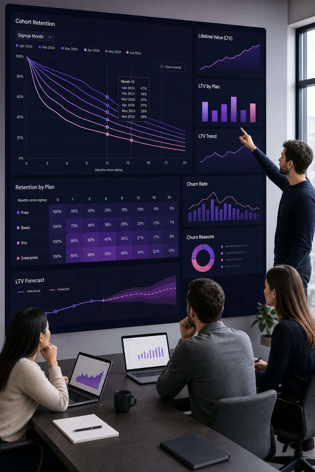 Realism-style scene of a SaaS finance team studying customer cohort retention curves on a wall-sized dashboard, with grouped signup-month lines, plan segments, churn markers, and LTV trend cards. Use a modern workspace with purple and indigo data visuals, no readable brand names or personal details. Alt: SaaS cohort analysis for validating customer lifetime value