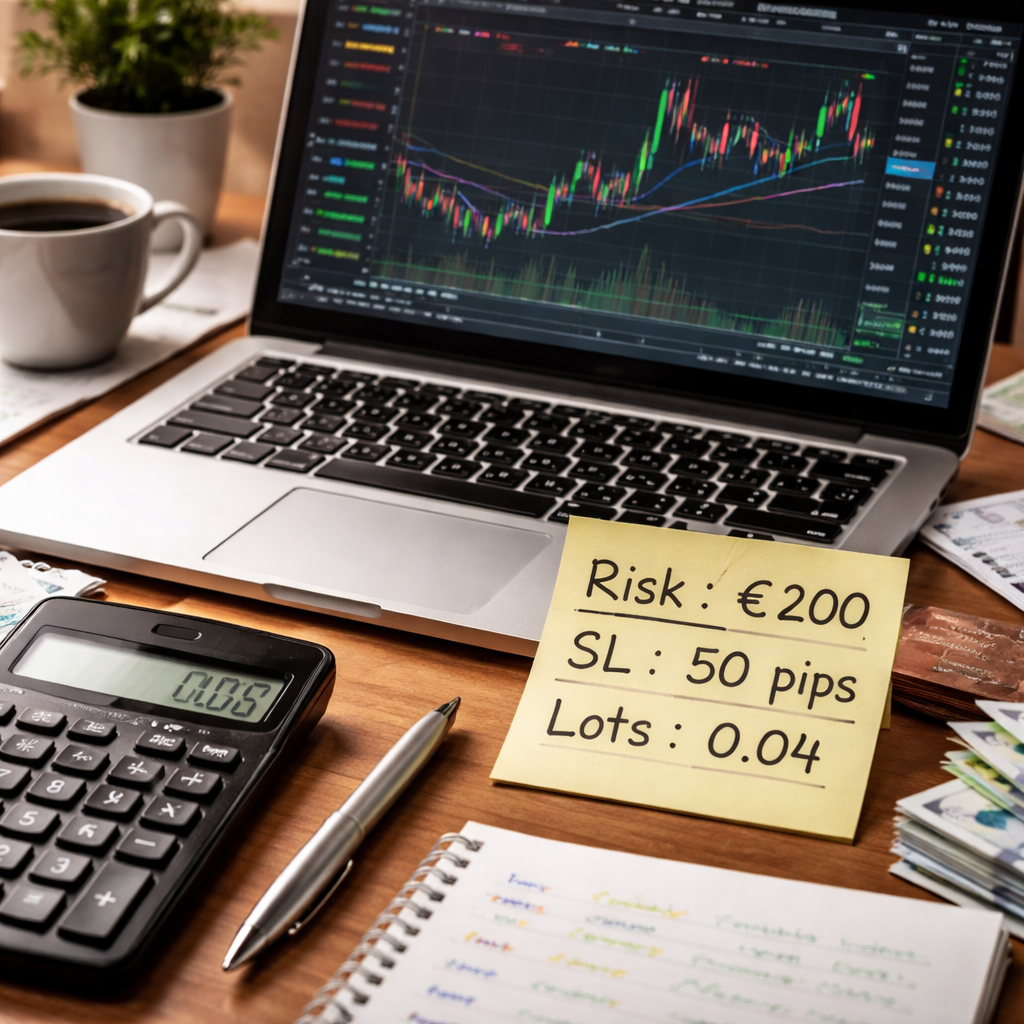 A realistic photo of a trader’s desk with a laptop showing a forex chart, a calculator, and a sticky note that reads “Risk: €200, SL: 50 pips, Lots: 0.04”. Alt: How to calculate position size in forex