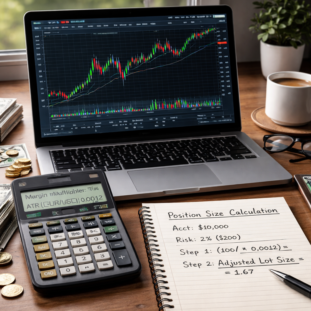 A photorealistic scene of a trader’s desk with a laptop showing a forex chart, a calculator displaying the margin multiplier and ATR values, and a handwritten note with adjusted lot size. Alt: How to calculate position size in forex with leverage and volatility adjustments.