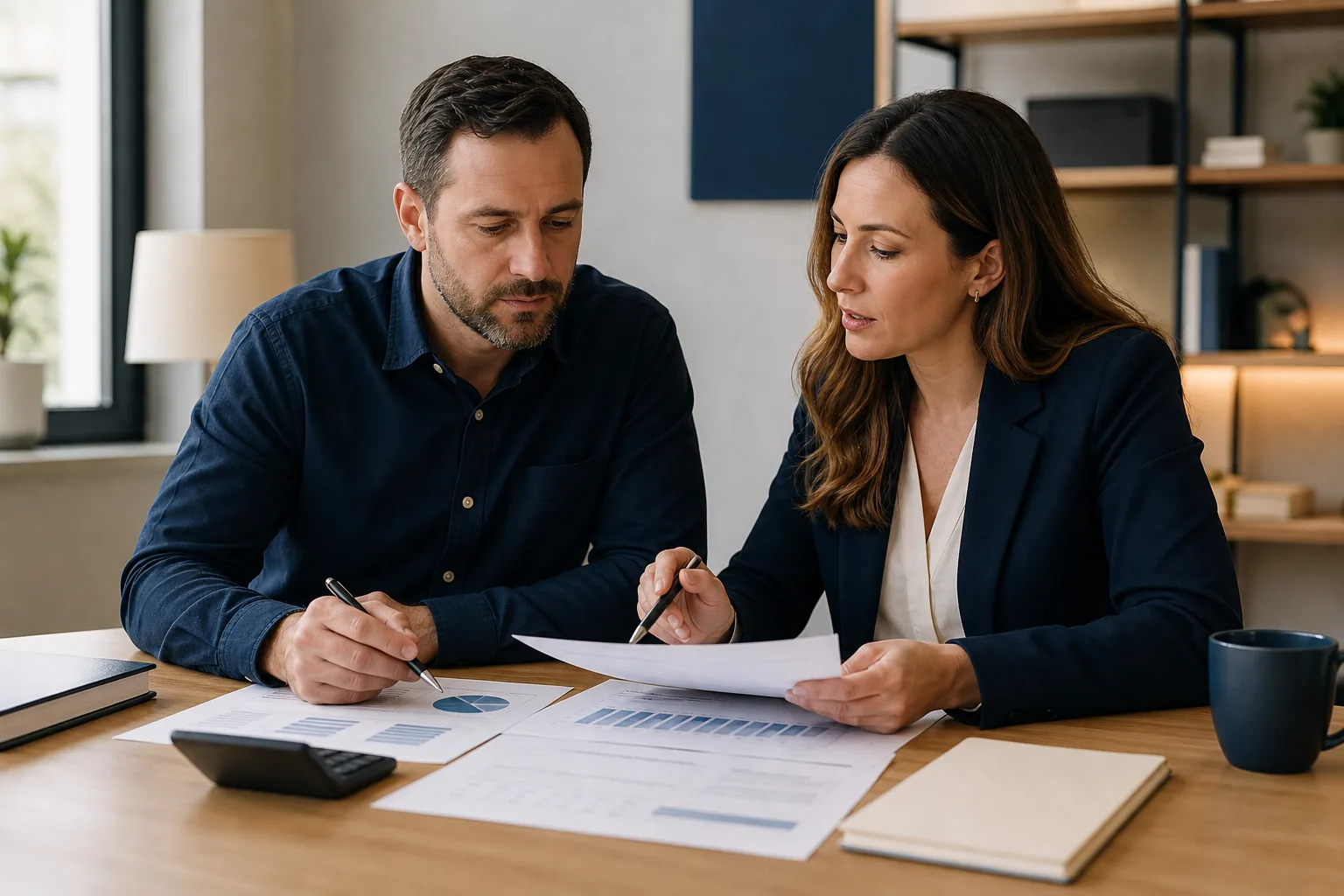 accountant and business owner reviewing cash flow and profit margin for tax planning