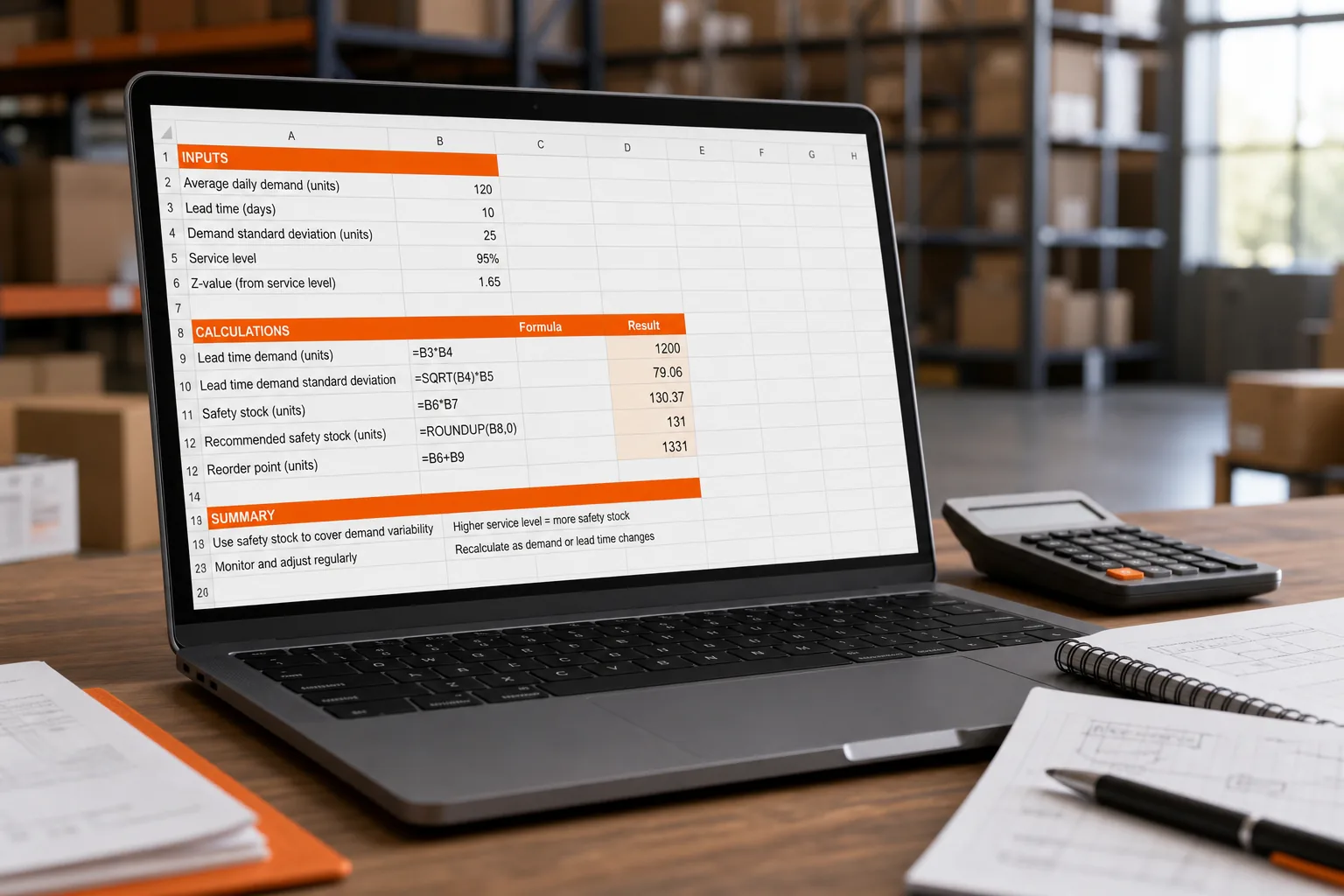 Excel safety stock calculation example for eCommerce inventory