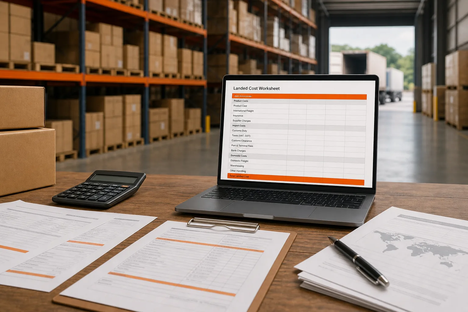 Shopify landed cost components shown in a warehouse cost worksheet.