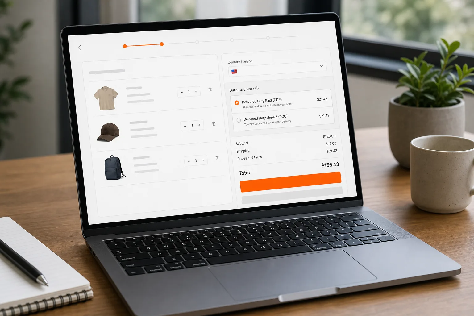 DDP and DDU landed cost display at Shopify checkout.