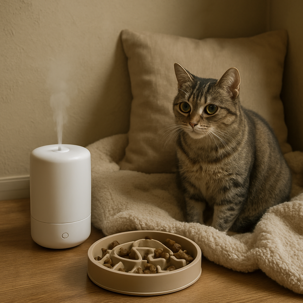 A cozy cat comfort corner with a soft blanket, a pheromone diffuser, and a puzzle feeder. Alt: Identify signs of cat separation anxiety in a comfortable home setting.