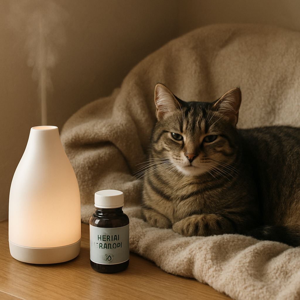 A cozy cat corner with a subtle pheromone diffuser glowing softly, a sprayed blanket, and a small bottle of herbal supplement beside a cat calmly lounging. Alt: Pheromones and calming aids for cats with separation anxiety.