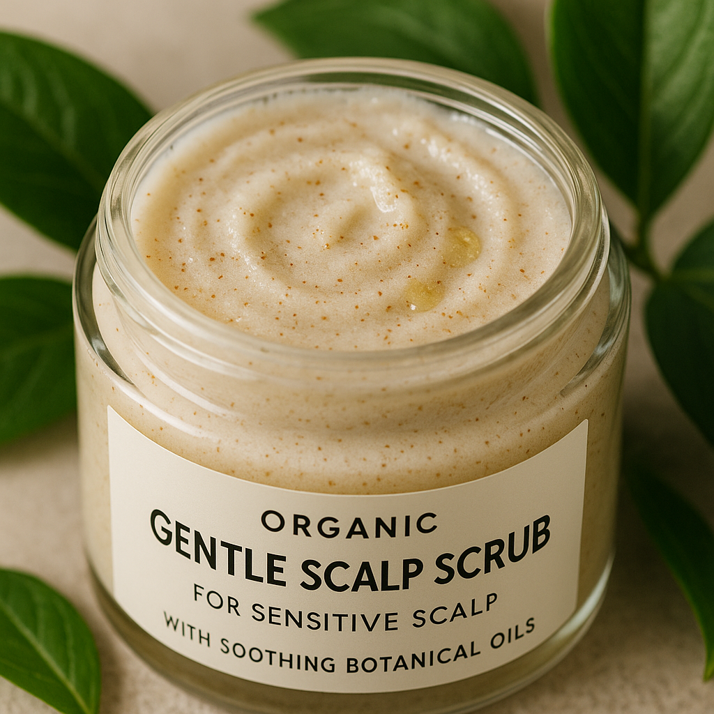 Close-up of a jar of organic gentle scalp scrub with visible fine exfoliating particles and soothing botanical oils alongside green leaves. Alt: organic gentle scalp scrub for sensitive scalp