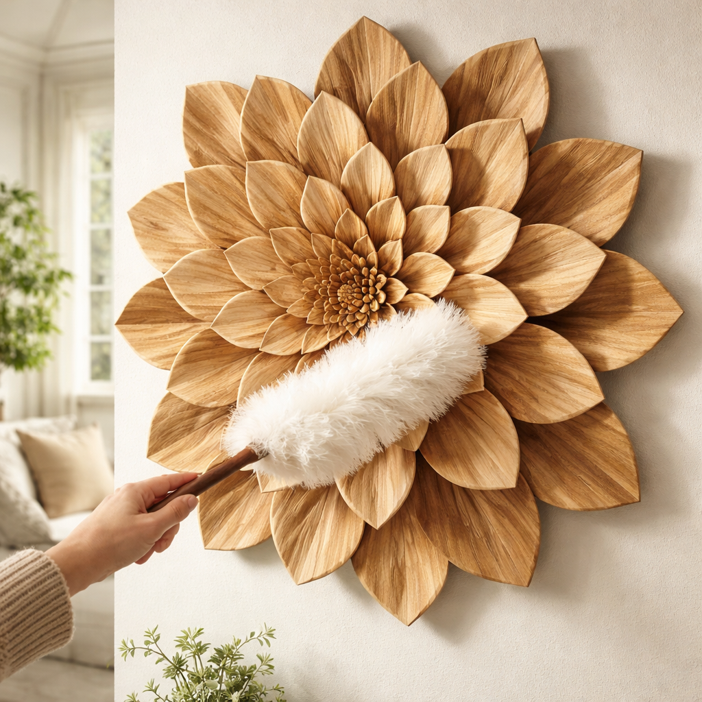 A photorealistic scene of a hand gently dusting a wooden flower wall art piece in a bright living room. Alt: How to care for wooden flower wall art by dusting gently.