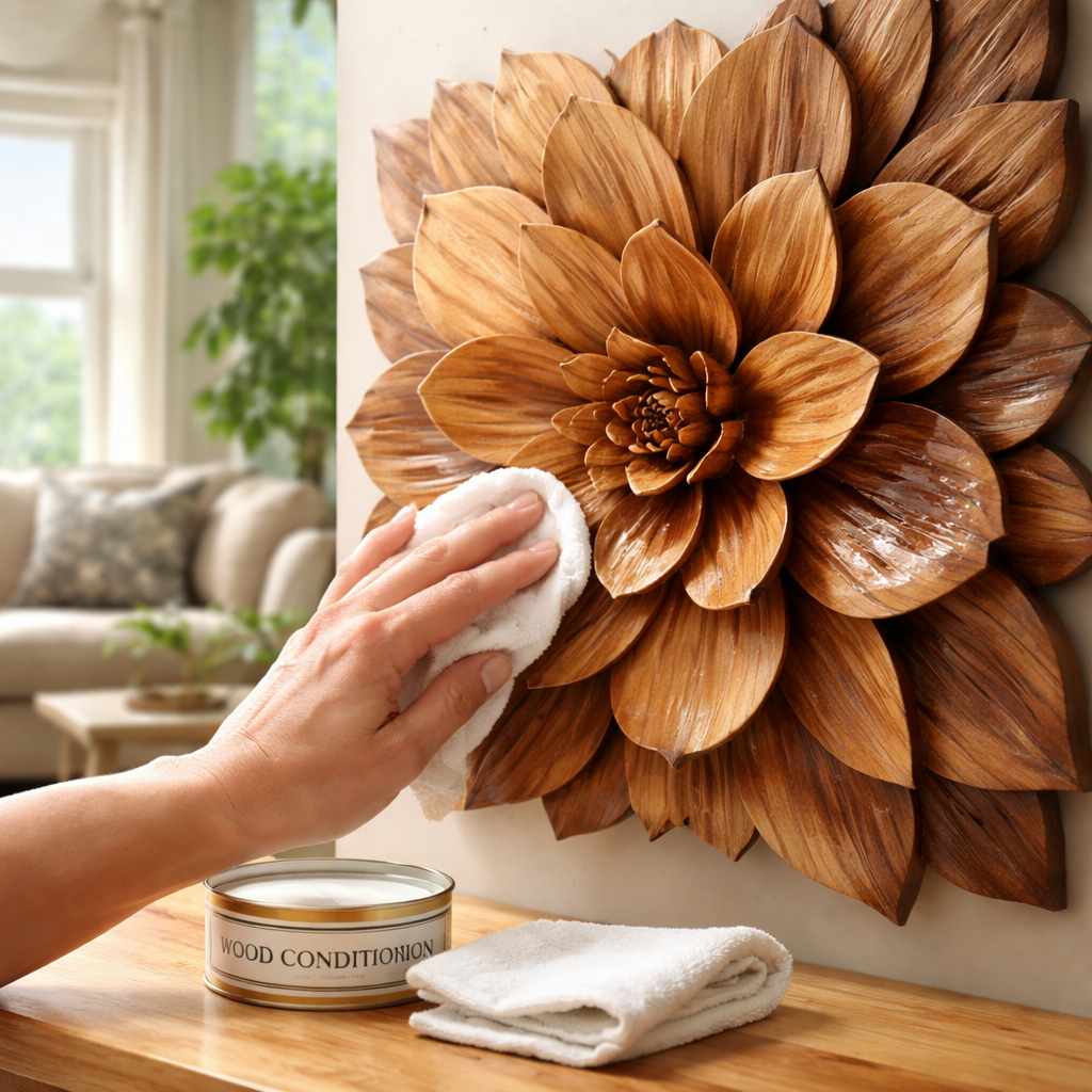 A photorealistic image of a hand applying a clear wood conditioner to a carved wooden flower wall art piece in a bright Nova Scotia living room, soft natural light, showing the wood grain. Alt: How to condition and protect wooden flower wall art